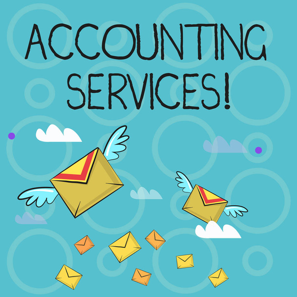 Conceptual hand writing showing Accounting Services. Business photo text analyze financial transactions of a business or a demonstrating Colorful Airmail Letter Envelopes and Two of Them with Wings. - Photo, Image