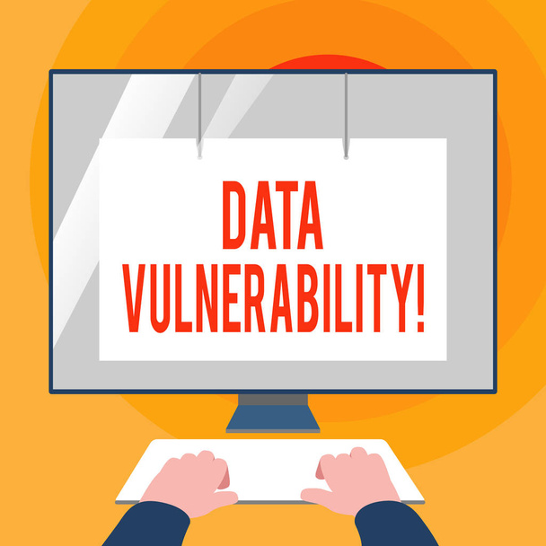 Word writing text Data Vulnerability. Business concept for weakness of a data which can be exploited by an attacker Hands on Mockup Keyboard Front of Blank White Monitor with Screen Protector. - Photo, Image