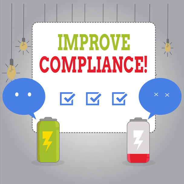 Writing note showing Improve Compliance. Business photo showcasing action or fact of complying with a wish or comanalysisd Fully Charge and Discharge Battery with Emoji Speech Bubble. - Photo, Image