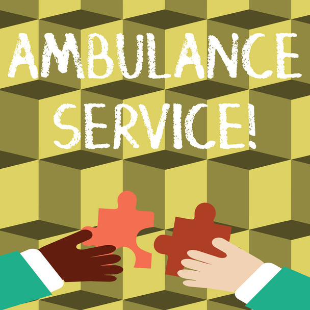 Writing note showing Ambulance Service. Business photo showcasing emergency response wing of the National Health Service Hands Holding Jigsaw Puzzle Pieces about Interlock the Tiles. - 写真・画像