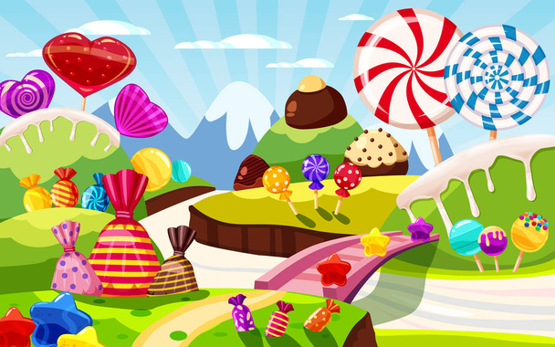 Sweet candy world fairy landscape, panorama. Sweets, candies, caramel. Cartoon game background. Vector illustration, cartoon style for print, create videos or web graphic design, game user interface - Vector, Image
