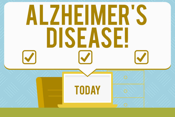 Az Alzheimer-kórt mutató levél írása betegség. Üzleti fotó bemutatása Fejlett mentális romlás fordul elő az idős korban Üres beszéd buborék rámutatva a fehér Laptop képernyő. - Fotó, kép