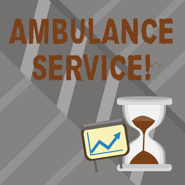 Word writing text Ambulance Service. Business concept for emergency response wing of the National Health Service Successful Growth Chart with Arrow Going Up and Hourglass with Sand Sliding. - 写真・画像