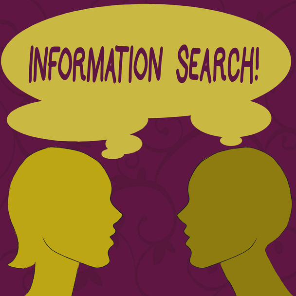 Text sign showing Information Search. Conceptual photo options available to the consumer are identified Silhouette Sideview Profile Image of Man and Woman with Shared Thought Bubble. - Photo, Image