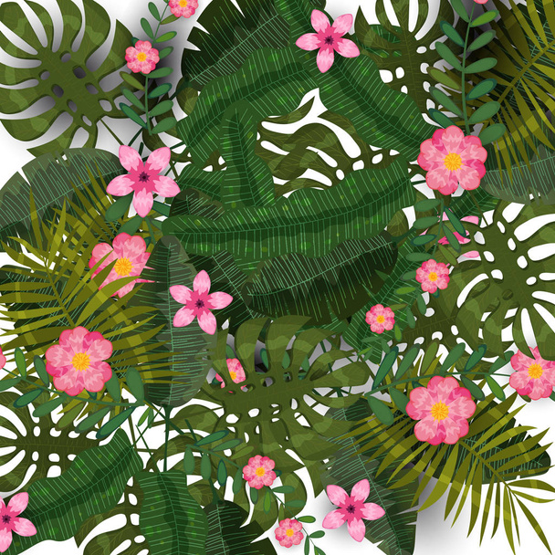 Verão plantas exóticas e flores de hibisco modelo de fundo tropical. Selva de padrão de tendência. Vetor, ilustração, isolado, cartaz, banner, panfleto, convite
 - Vetor, Imagem