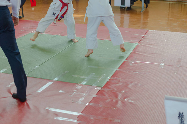 Hava dövüş sanatları yarışmalarda hakimin kırmızı ve beyaz bayraklar. - Fotoğraf, Görsel