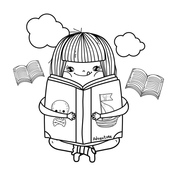 feliz niña leyendo libro en las nubes
 - Vector, Imagen