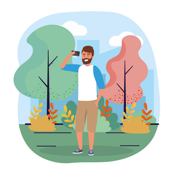 man with smartphone technology with trees and plants - Vector, Image