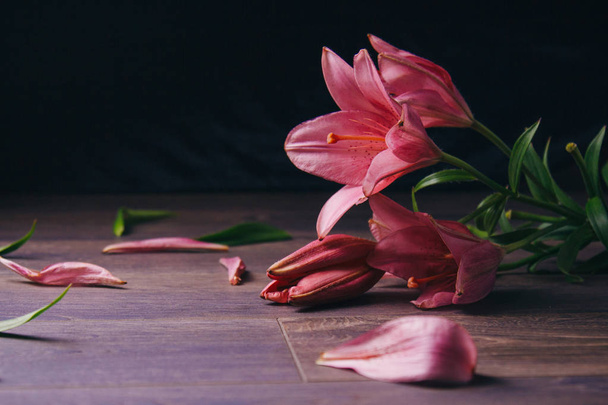 bouquet of pink lily flowers in the rays of light on a black background on a wooden rustic table. fresh buds of a flowering plant close-up, copy space. studio shot. the plot of the holiday card - Photo, Image