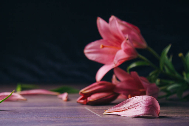 Strauß rosafarbener Lilienblüten in den Lichtstrahlen auf schwarzem Hintergrund auf einem rustikalen Holztisch. frische Knospen einer blühenden Pflanze aus nächster Nähe, Kopierraum. Studioaufnahmen. die Handlung der Urlaubskarte - Foto, Bild