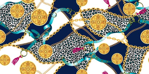 Trendiges, nahtloses Muster mit Goldketten und Gürteln, Leopardenfell, Aufnäher für Druck, Stoff, Textildesign auf dunkelblauem und weißem Hintergrund. - Foto, Bild