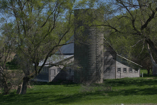 Wiejskich Farm Barn i Silo wczesną wiosną w odległych Nebraska. - Zdjęcie, obraz