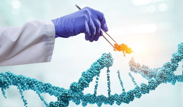 Diseño de moléculas de ADN con pinzas de mano de doctor. Medios mixtos - Foto, Imagen