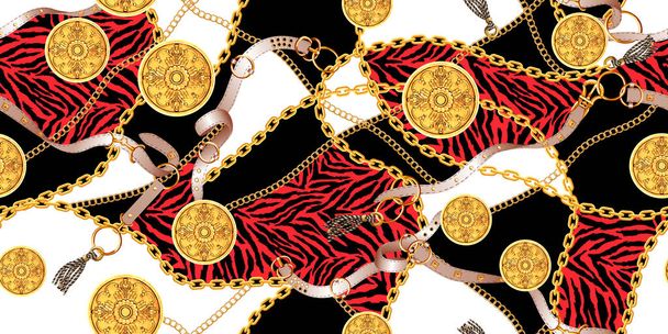 黄金の鎖とベルト、シマウマの皮、プリントのためのパッチ、ファブリック、赤と白の背景に織物のデザインとトレンディなシームレスなパターン. - 写真・画像