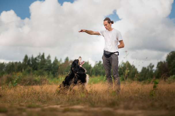 young man walking with Bernese Mountain Dog on the summer field - Fotografie, Obrázek