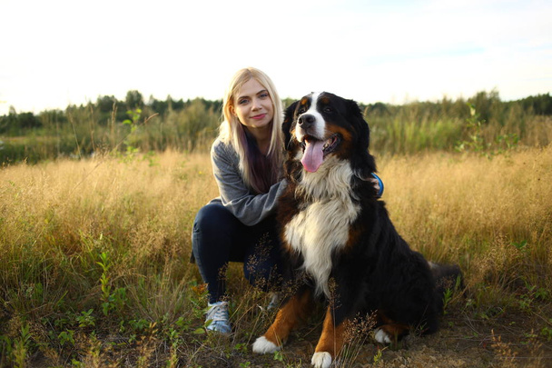 Young woman walking with Bernese Mountain Dog on the summer field - Photo, Image