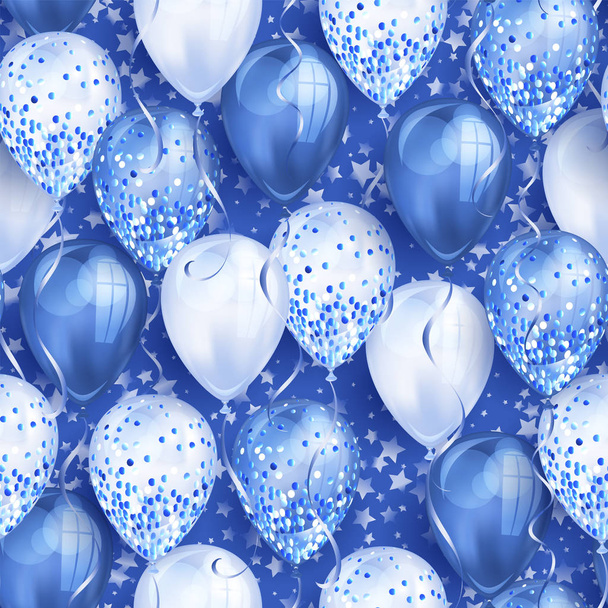Απρόσκοπτη μοτίβο με αστέρια και λαμπερά μπλε ρεαλιστικά μπαλόνια 3D ηλίου για το σχέδιό σας. Γυαλιστερά μπαλόνια με λάμψη και κορδέλα, τέλειο φόντο για φυλλάδια πάρτι γενεθλίων, κάρτα πρόσκλησης - Διάνυσμα, εικόνα
