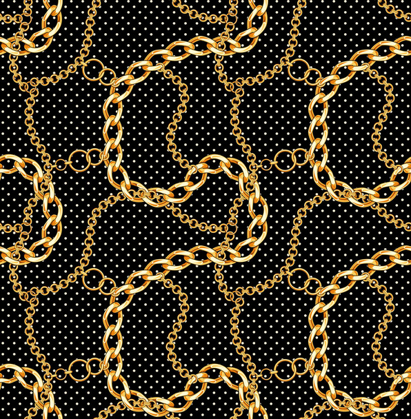 Seamless pattern with golden chains. Beautiful jewelry precious necklaces with dots on black background. Ready for textile prints. - Photo, Image