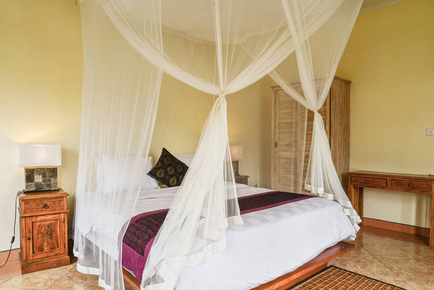 Cozy canopy bed in bedroom - 写真・画像
