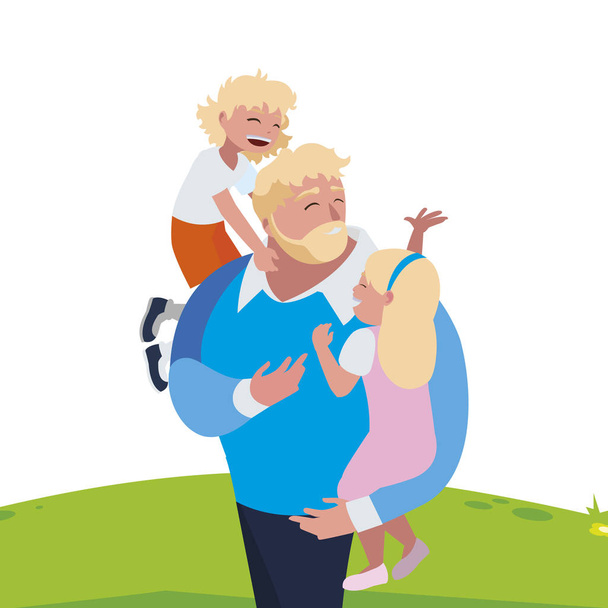 padre con hijo e hija personajes en el campo
 - Vector, Imagen