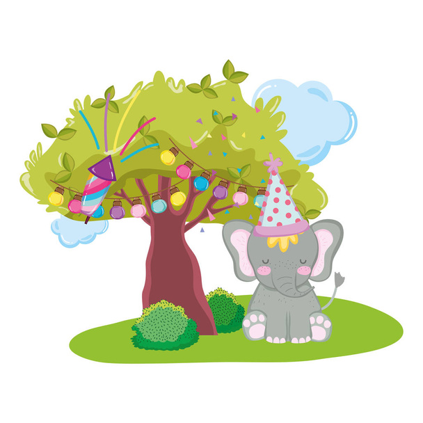 słodkie i małe słoń z kapeluszem party - Wektor, obraz