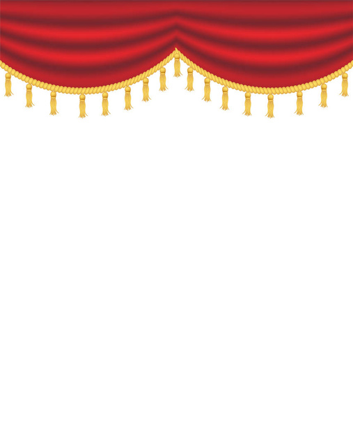 Cortinas vermelhas com cortinas, ilustração vetorial isolada sobre fundo branco. Lugar para SMS. elemento de design para theather, show, cinema, banner
. - Vetor, Imagem