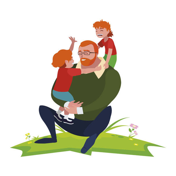 padre con hijos personajes en el campo
 - Vector, imagen