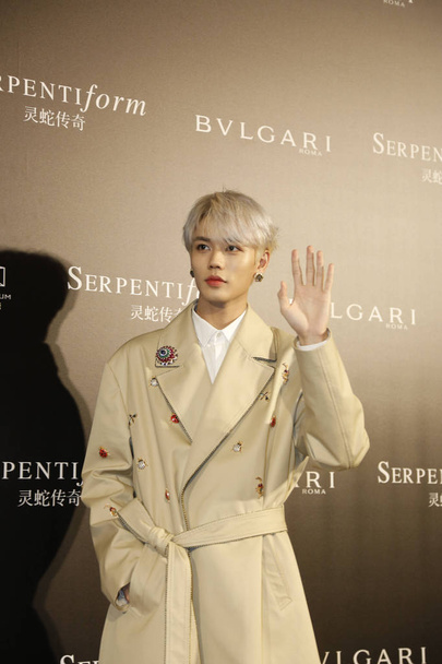 Taiwanese singer Lin Yanjun, also known as Evan Lin, of Chinese boy group Nine Percent attends a promotional event for BVLGARI in Chengdu city, southwest China's Sichuan province, 29 April 2019. - Fotoğraf, Görsel