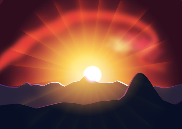 Mistério por do sol atrás das montanhas
 - Vetor, Imagem