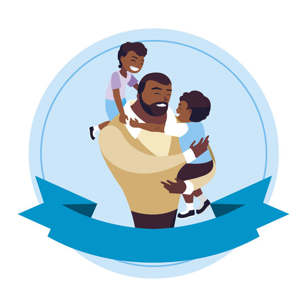 afro padre con hijos personajes en marco
 - Vector, Imagen