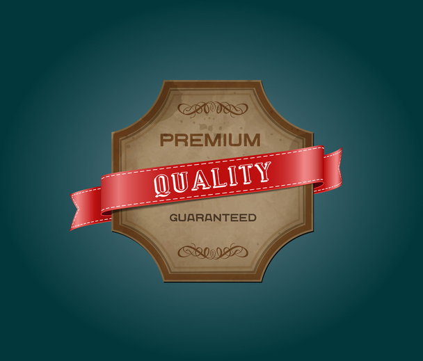 Vector retro vintage old label with texture and stains, decorated with red satin ribbon. "Premium Quality Guaranteed" - Вектор,изображение