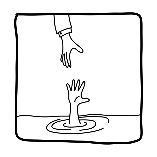 бізнесмен допомагає потопаючому чоловікові в морі Векторні ілюстрації Ескіз каракулі рука намальована чорними лініями ізольовані на білому тлі
 - Вектор, зображення