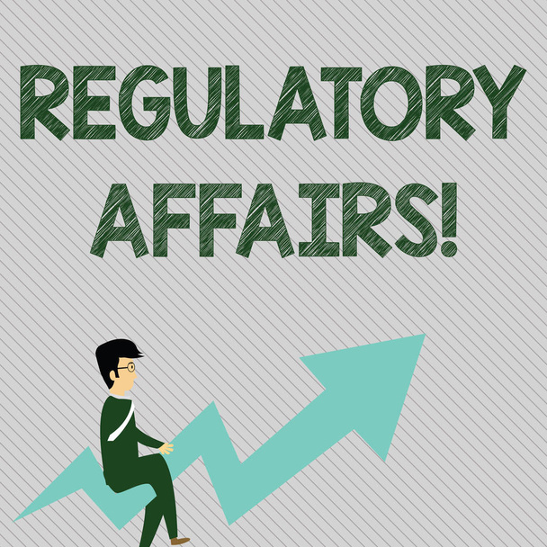 Text sign showing Regulatory Affairs. Conceptual photo the desire of governments to protect public health Businessman with Eyeglasses Riding Crooked Color Arrow Pointing Going Up. - Photo, Image