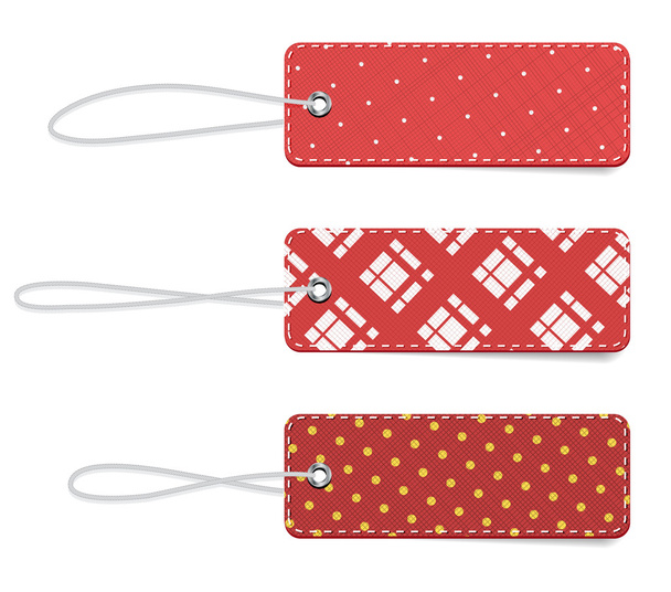 Red vector tartan and dotted fabric textured badges with straps - Vector, Image