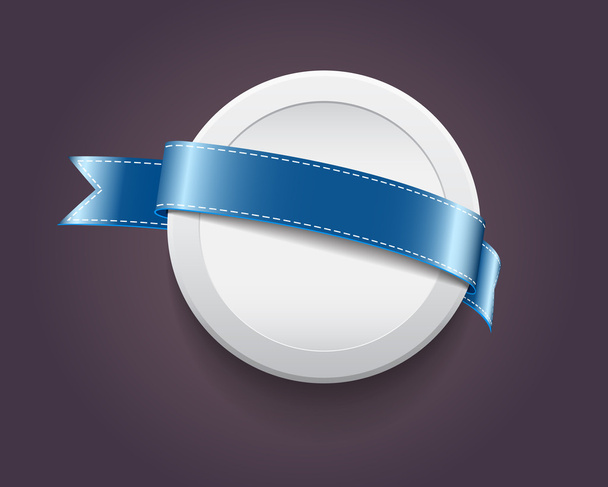 Vector blank plastic round badge - banner decorated with blue ribbon - Vektör, Görsel