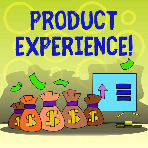 Writing note showing Product Experience. Business photo showcasing overall value of a product or service to customers Bag with Dollar Currency Sign and Arrow with Blank Banknote. - Photo, Image
