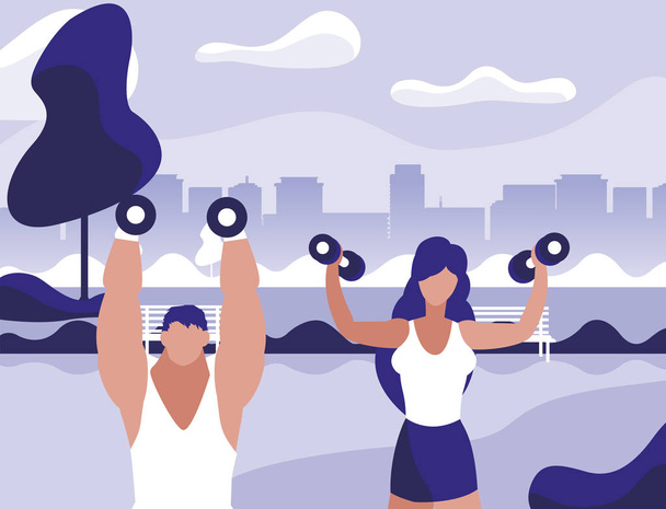 athletic man and woman weight lifting in the park - Vector, Image