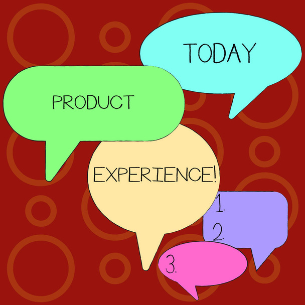 Text sign showing Product Experience. Conceptual photo overall value of a product or service to customers Many Color Speech Bubble in Different Sizes and Shade for Group Discussion. - Photo, Image