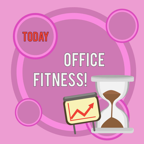 Writing note showing Office Fitness. Business photo showcasing Encouraging fitness and balance lifestyle in the workplace Growth Chart with Arrow Going Up and Hourglass Sand Sliding. - 写真・画像