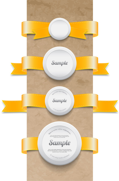 A set of vector yellow ribbon tags with white round plastic sealing badges - Vetor, Imagem