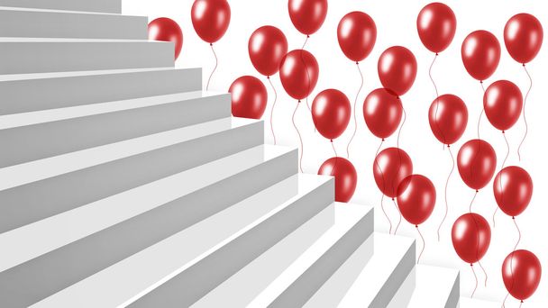 Close-up white glossy stairs with red balloons on background - Photo, Image