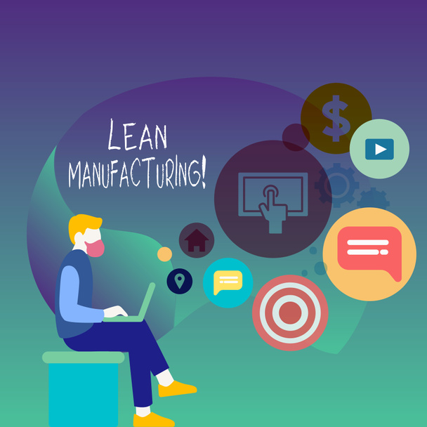 Text sign showing Lean Manufacturing. Conceptual photo focus on minimizing waste within analysisufacturing systems Man Sitting Down with Laptop on his Lap and SEO Driver Icons on Blank Space. - Photo, Image