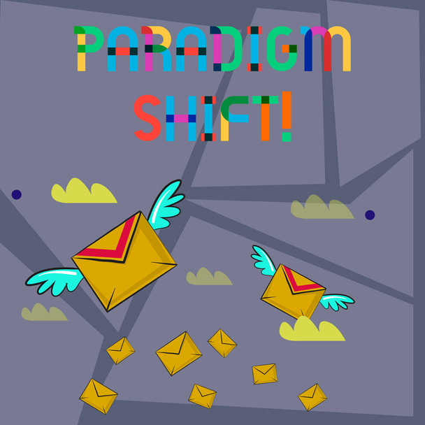 Word writing text Paradigm Shift. Business concept for fundamental change in approach or underlying assumptions Many Colorful Airmail Flying Letter Envelopes and Two of Them with Wings. - Photo, Image
