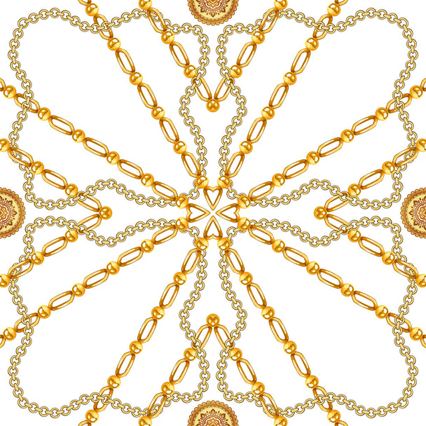 Naadloze mode gouden kettingen patroon geïsoleerd op witte achtergrond. Klaar voor stof afdrukken, textiel. Geometrische gouden ontwerp. - Foto, afbeelding