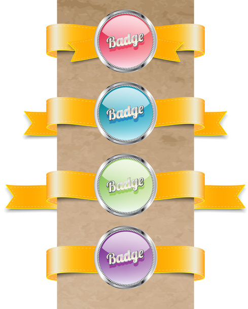 A set of vector yellow ribbon tags with round shiny glassy sealing badges - Vector, Image
