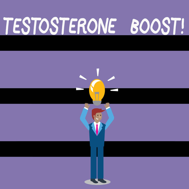 Piszę notatkę pokazującą Testosteron Boost. Biznes zdjęcie pokazujące wzrost pierwotnego męskiego hormonu płciowego i steryd anaboliczny Biznesmen Podnoszenie broni w górę z oświetloną ikoną żarówki powyżej. - Zdjęcie, obraz