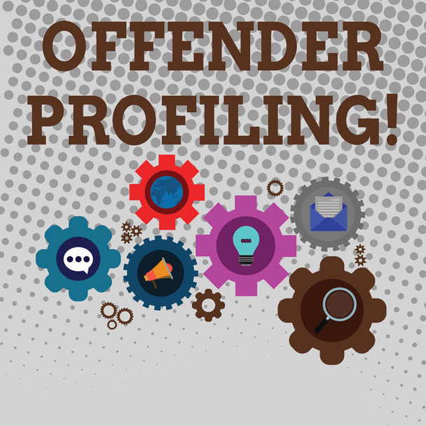 Handwriting text writing Offender Profiling. Concept meaning Develop profiles for offenders who not yet apprehended Set of Global Online Social Networking Icons Inside Colorful Cog Wheel Gear. - Photo, Image