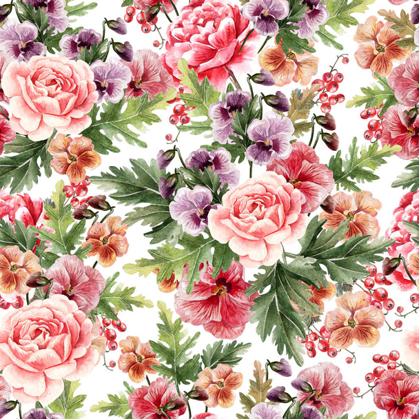 Яркий акварельный рисунок с пионом, розами и фиолетовыми цветами, ягодами
.  - Фото, изображение