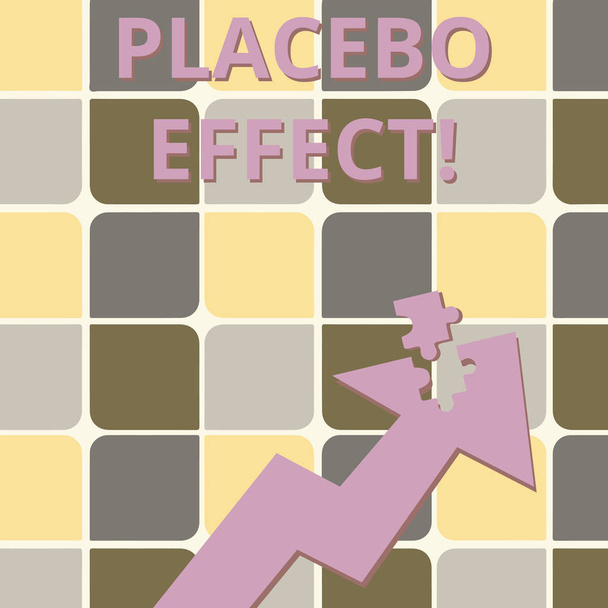 Tekst schrijven Placebo Effect. Zakelijk concept voor een gunstig effect geproduceerd door een placebo drug of behandeling Kleurrijke pijl die omhoog wijst met losstaand deel zoals puzzelstuk. - Foto, afbeelding