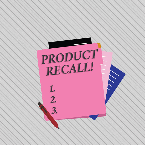 Text sign showing Product Recall. Conceptual photo process of retrieving potentially unsafe goods from consumers Colorful Lined Paper Stationery Partly into View from Pastel Blank Folder. - Photo, Image